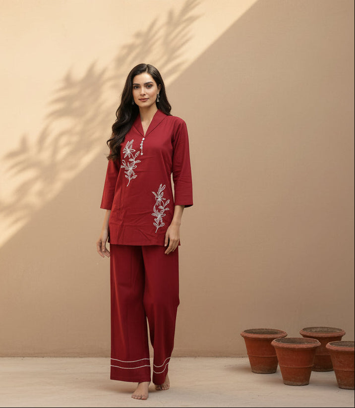 Maroon Cotton Co-ord Set