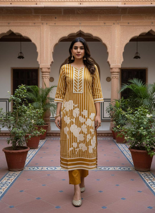 Mango Yellow Printed Cotton Kurta Set
