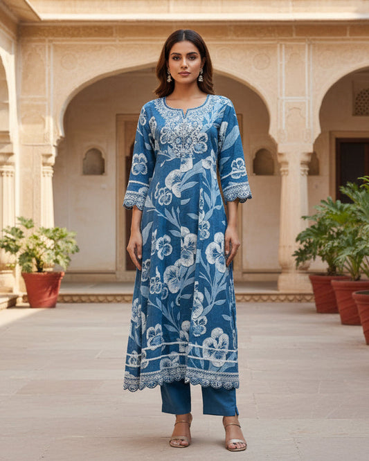 Indigo Blue Printed Cotton A-line Kurta Set
