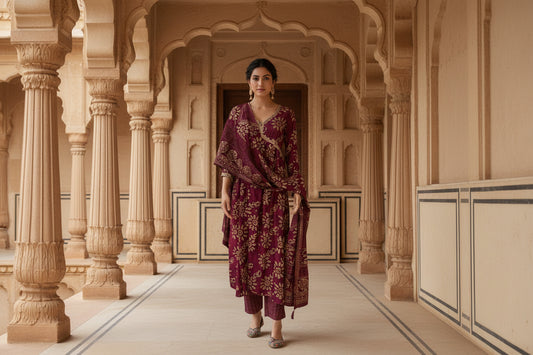 Wine Floral Kurta Set 12