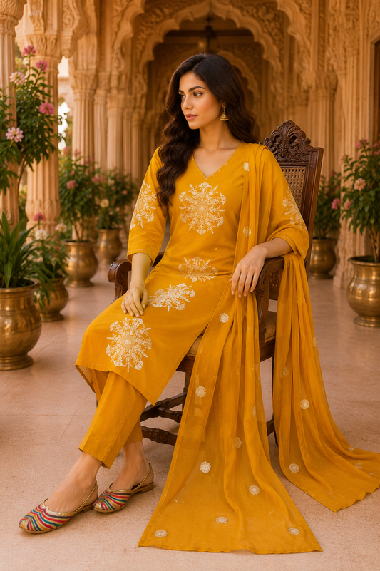 Golden Marigold Embroidered mulcotton Kurta Set