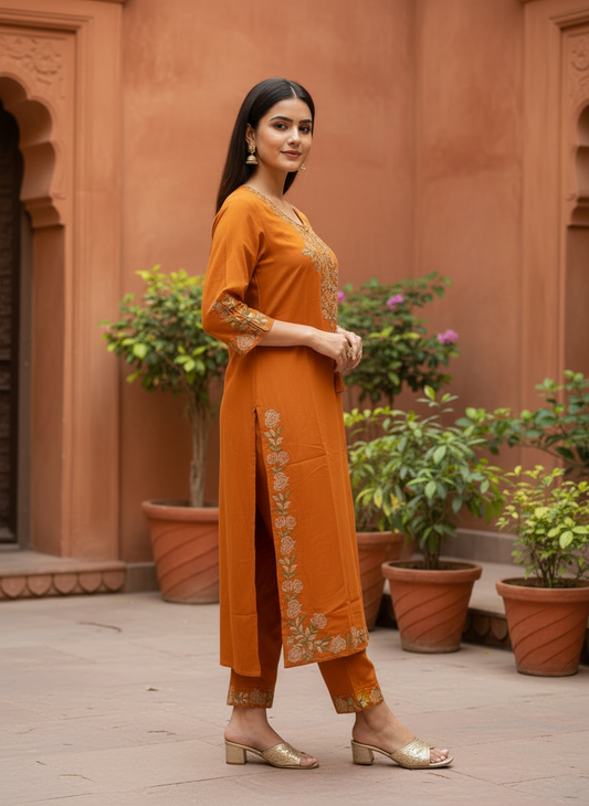 Orange Embroidery Cotton Kurta Set