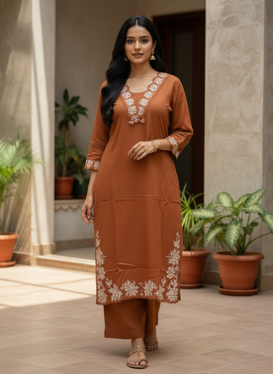 Rust Embroidered cotton Kurta Set with Dupatta for Women | Elegant Festive Ethnic Wear