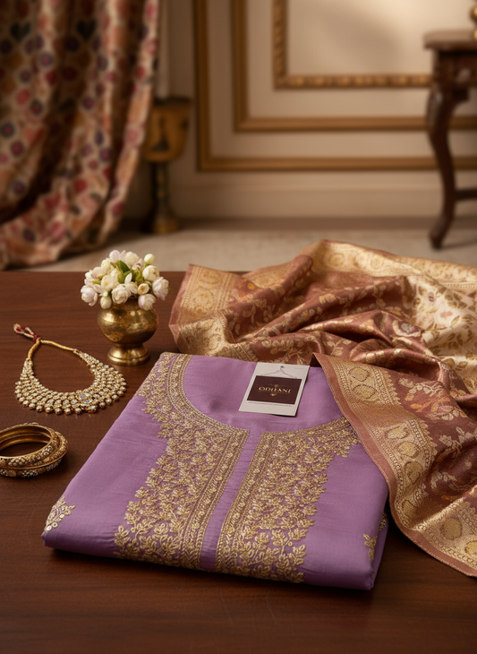 Neck Embroidery Suit material with the Banarasi texture dupatta