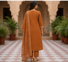 Rust Embroidered Cotton Kurta Set