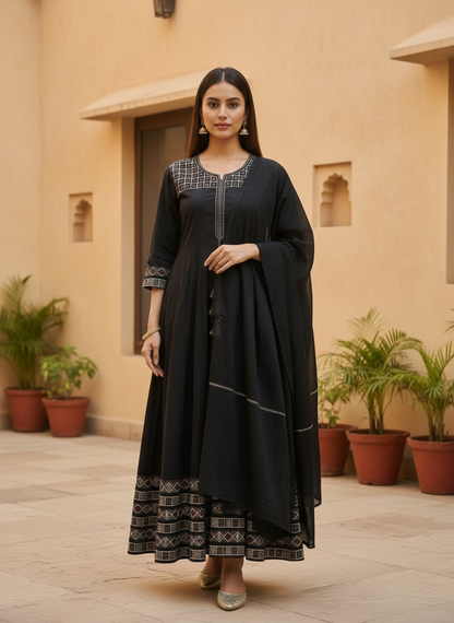 Black cotton Kurti - dupatta set