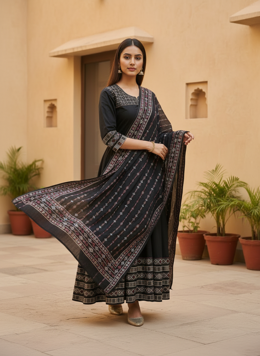 Black cotton Kurti - dupatta set