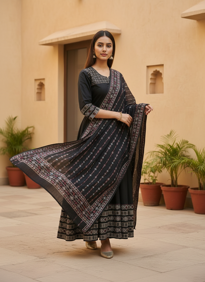 Black cotton Kurti - dupatta set