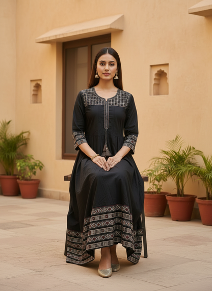 Black cotton Kurti - dupatta set