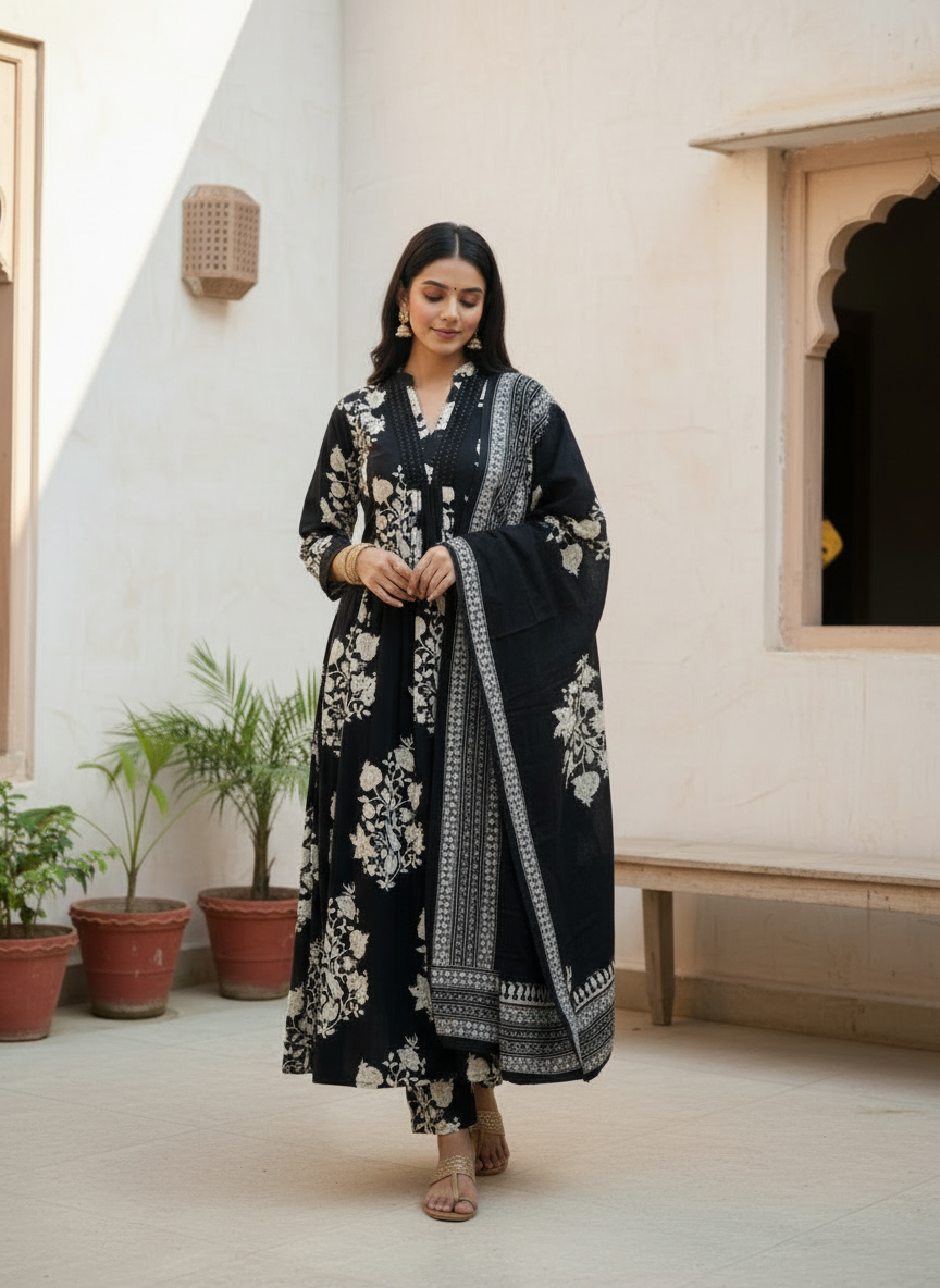 Black Printed Cotton Kurta Set with Dupatta for Women | Elegant Everyday Ethnic Wear
