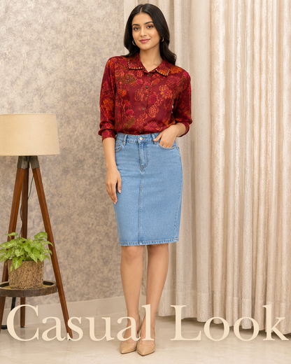 Gulnaar Burgundy Floral Printed Crepe Tunic