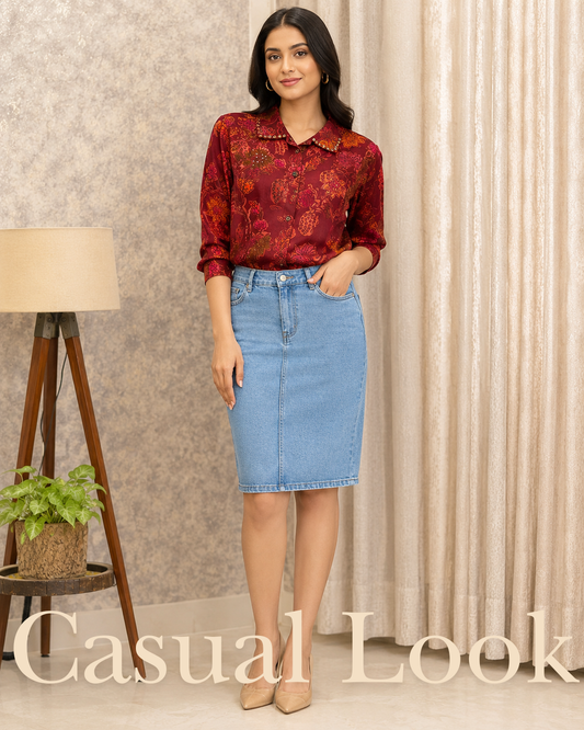 Gulnaar Burgundy Floral Printed Crepe Tunic