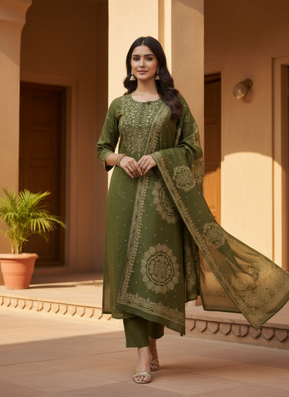 Mehndi Green Cotton Kurta Set with Dupatta for Women | Elegant Festive & Daily Wear