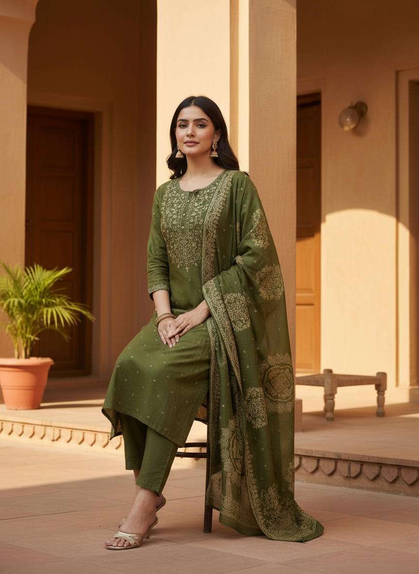 Mehndi Green Cotton Kurta Set