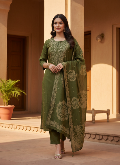 Mehndi Green Cotton Kurta Set