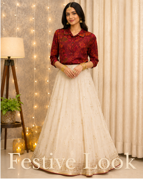 Gulnaar Burgundy Floral Printed Crepe Tunic