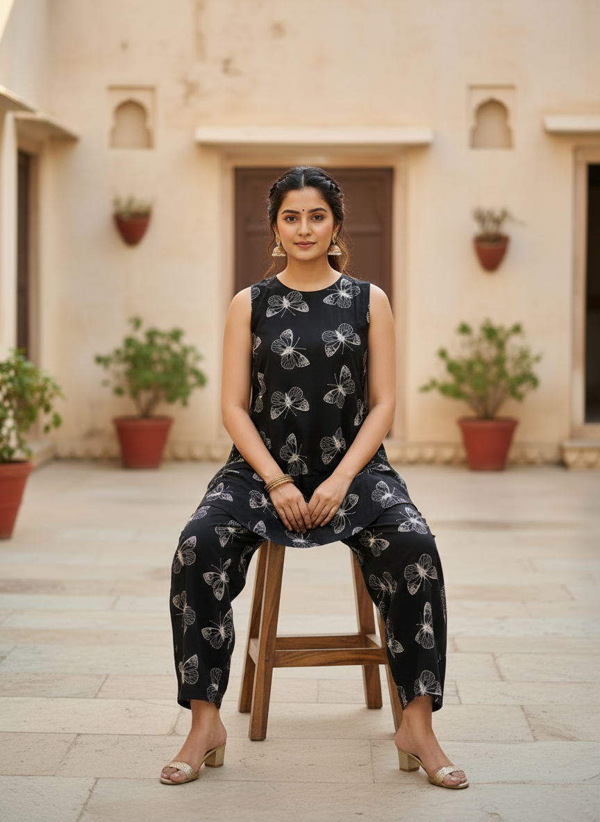 Black Cotton Printed Palazzo Set