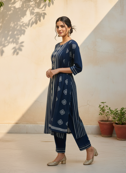 Blue Printed Cotton Kurta Set with Dupatta for Women | Elegant Everyday Ethnic Wear