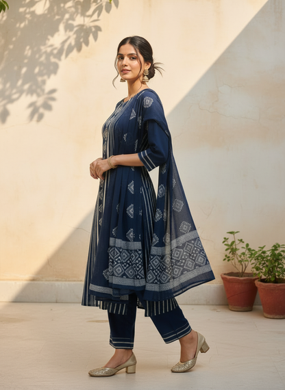 Blue Printed Cotton Kurta Set with Dupatta for Women | Elegant Everyday Ethnic Wear