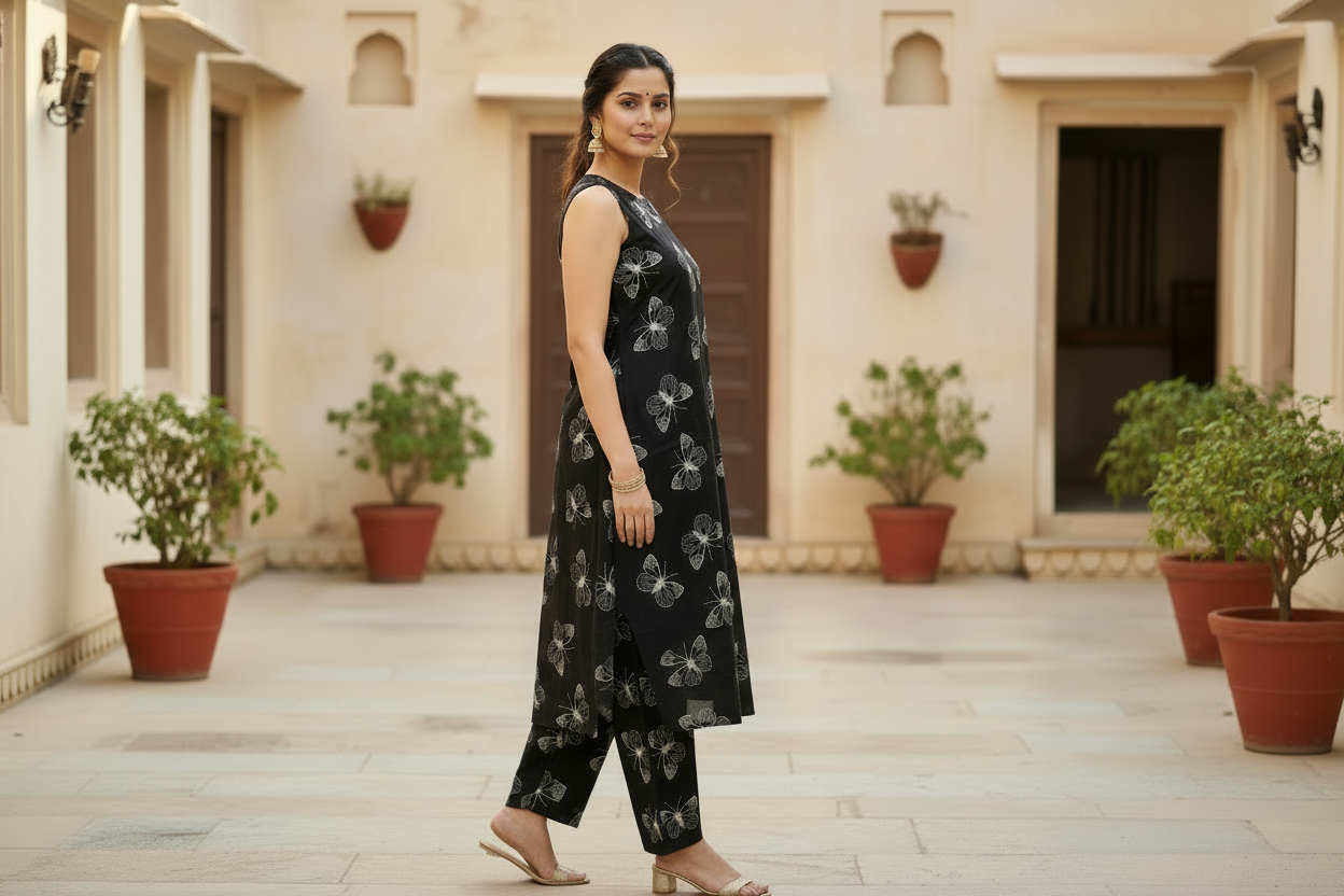 Black Cotton Printed Palazzo Set
