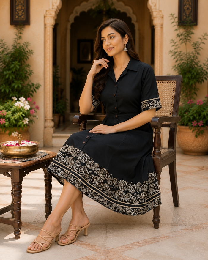 Black cotton shirt dress with contrast embroidery on sleeves