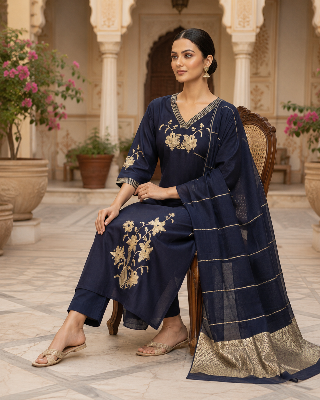 Navy Blue Embroidered Kurta Set