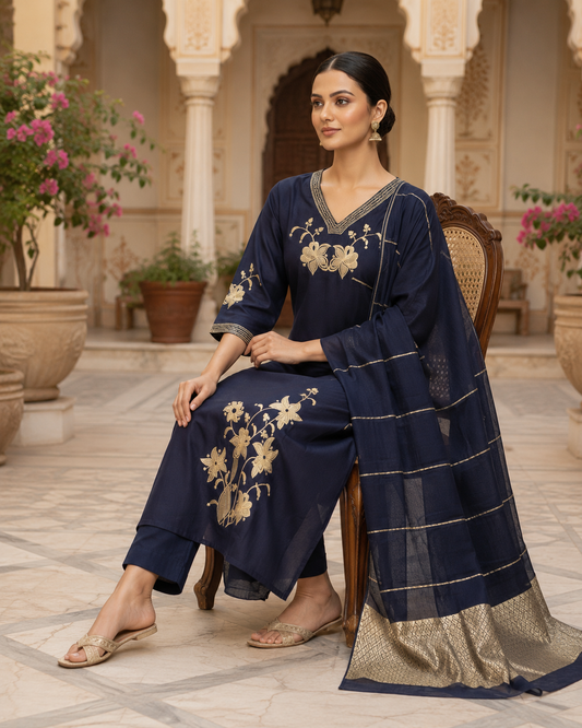 Navy Blue Embroidered Kurta Set