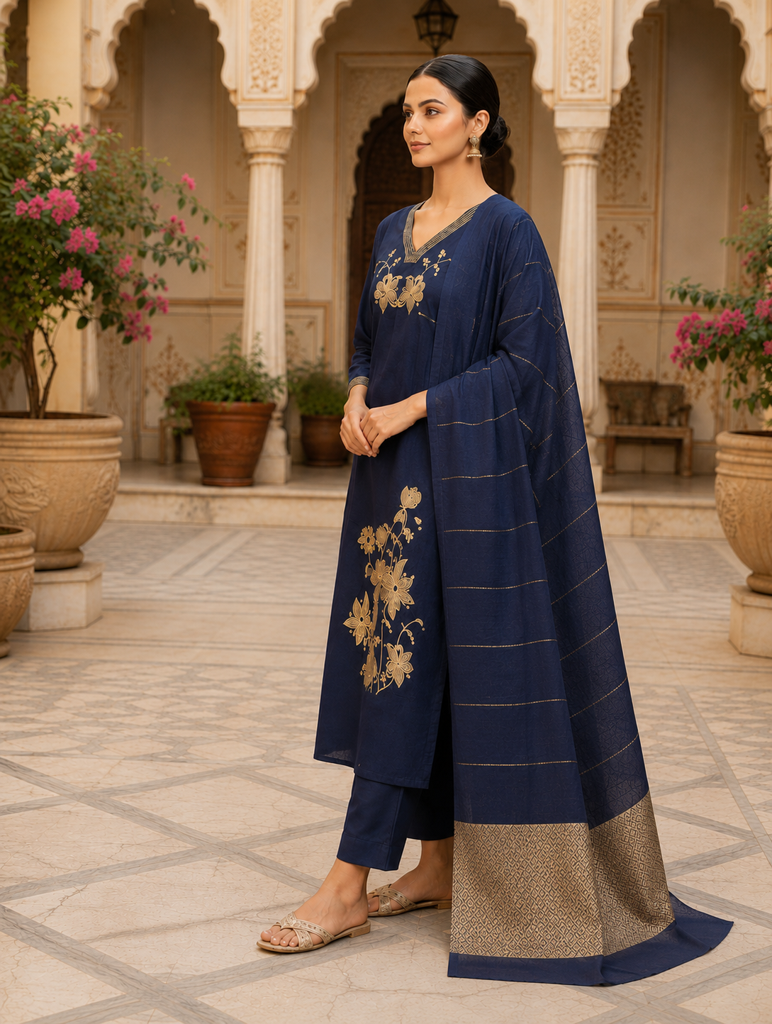 Navy Blue Embroidered Kurta Set