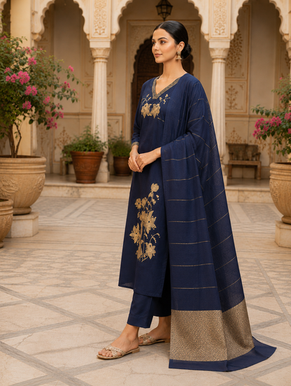 Navy Blue Embroidered Kurta Set