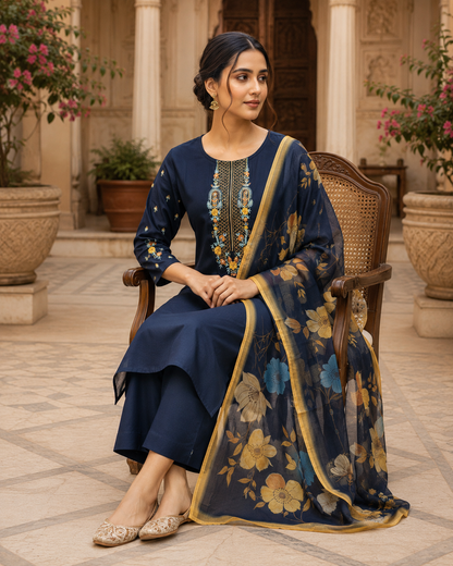 Navy Blue Embroidered Kurta Set