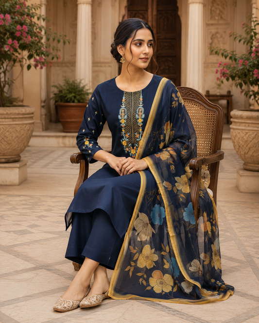Navy Blue Embroidered Kurta Set