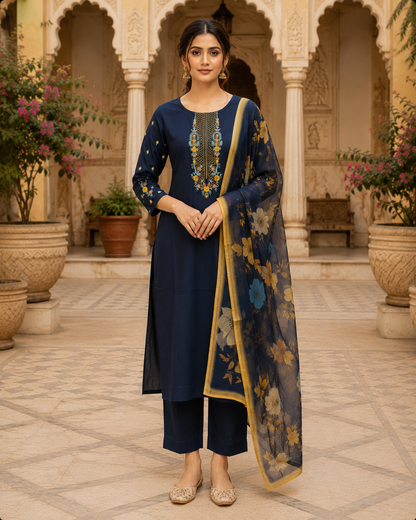 Navy Blue Embroidered Kurta Set
