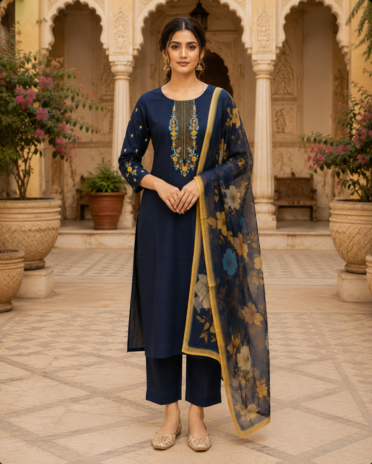 Navy Blue Embroidered Kurta Set