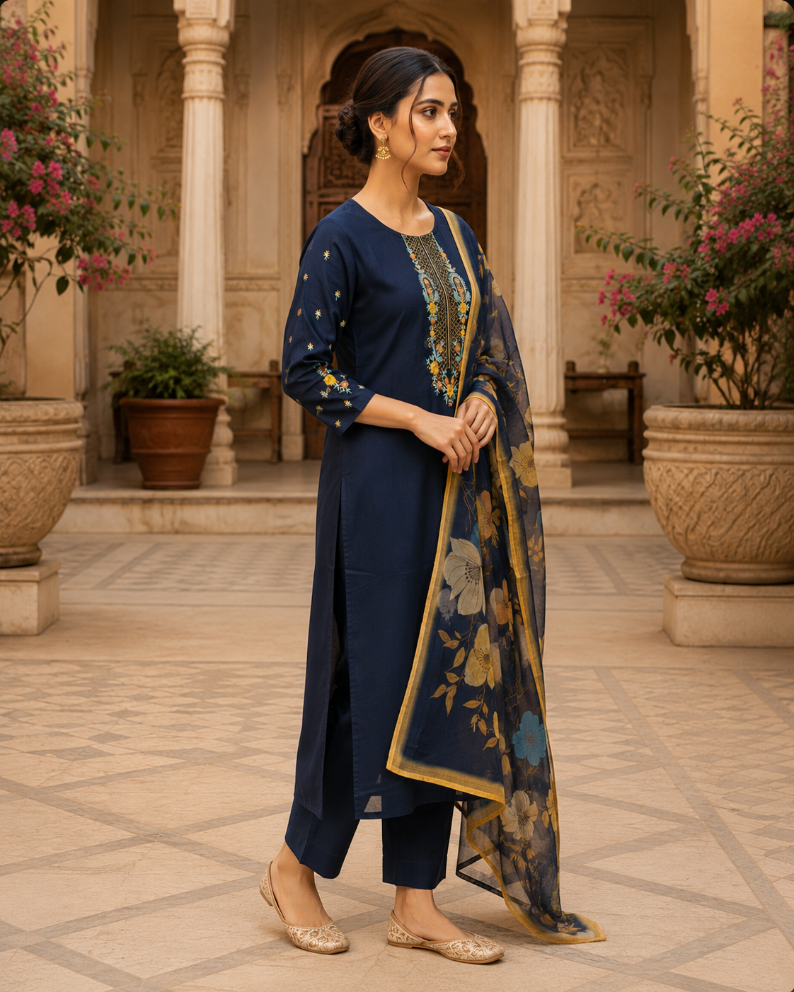 Navy Blue Embroidered Kurta Set