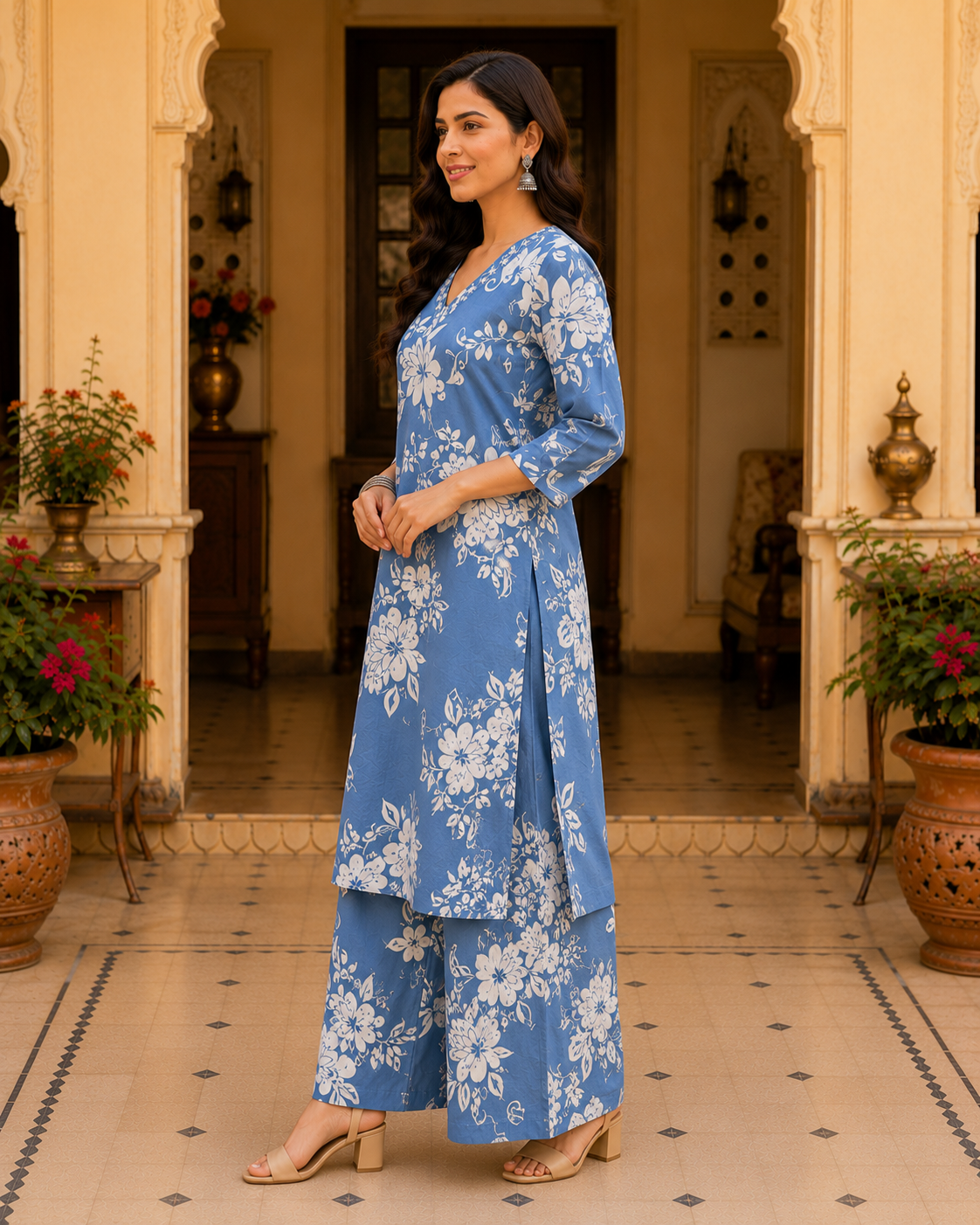 Pastel Blue Printed Cotton Kurta Set