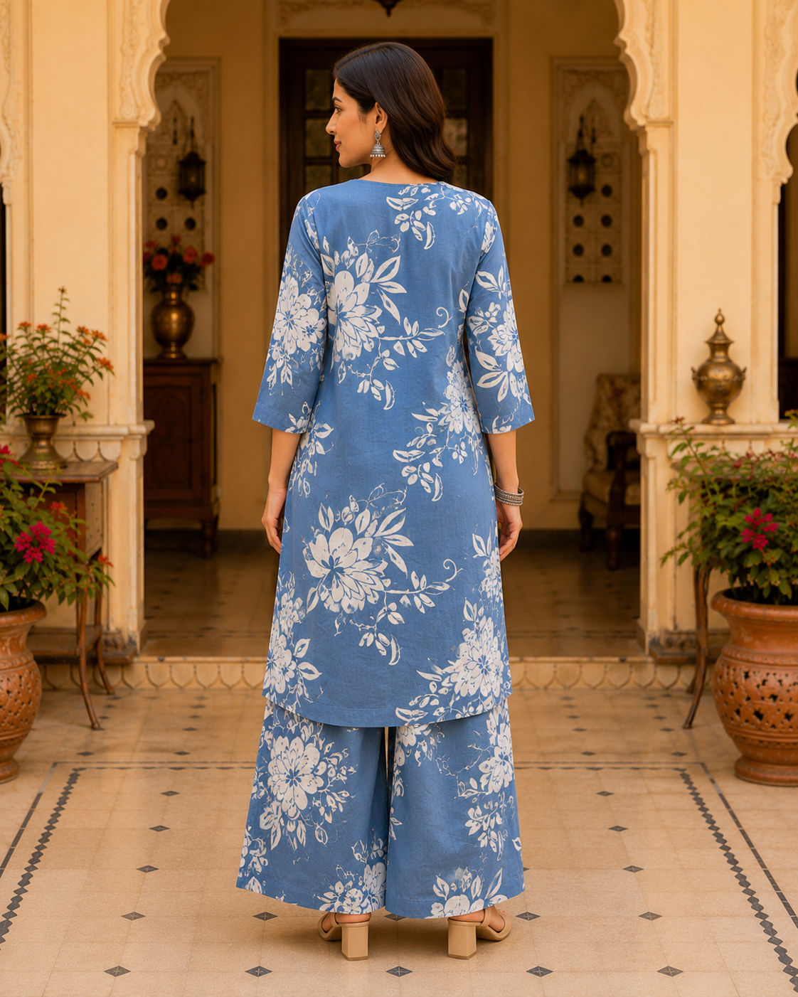 Pastel Blue Printed Cotton Kurta Set