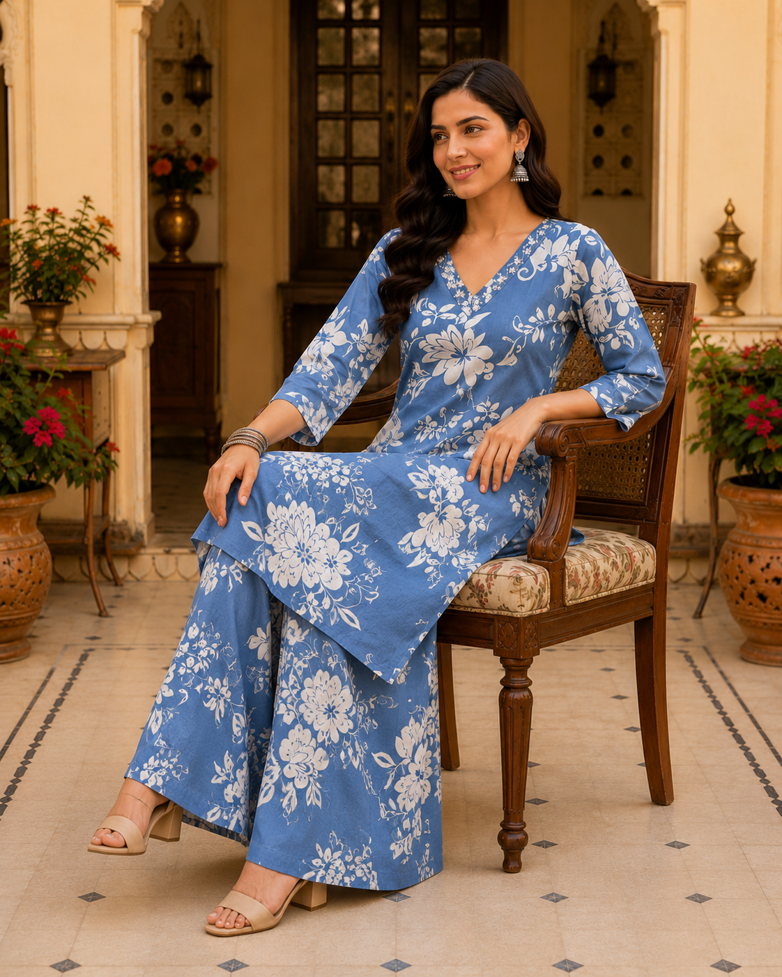 Pastel Blue Printed Cotton Kurta Set