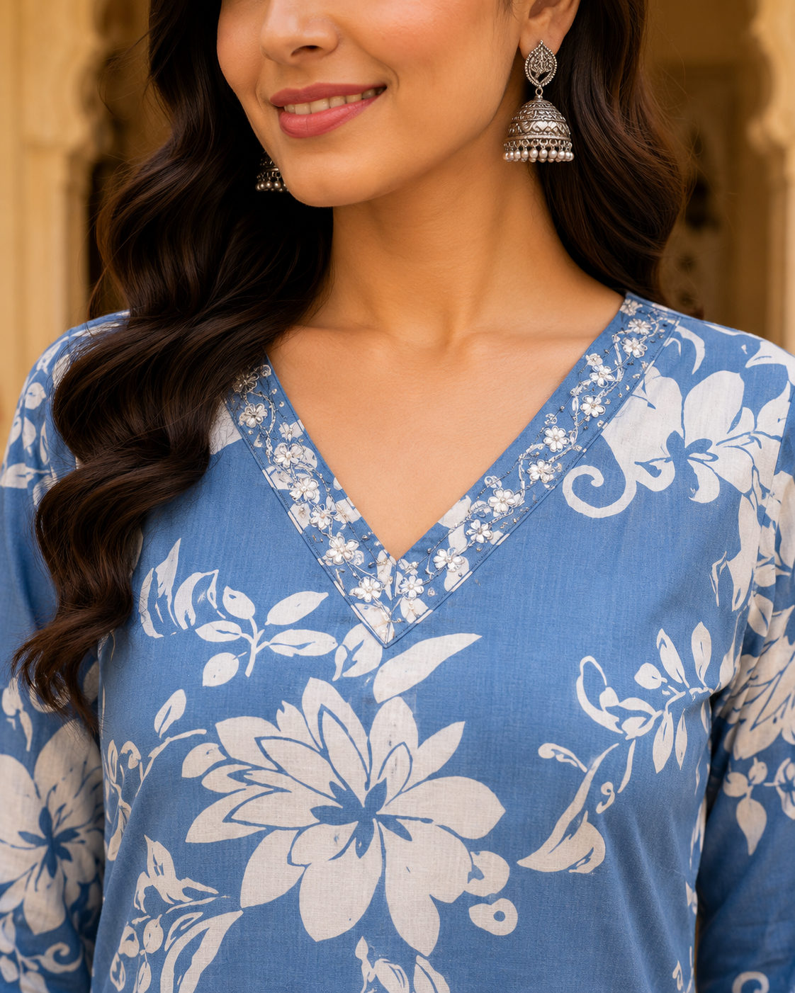 Pastel Blue Printed Cotton Kurta Set