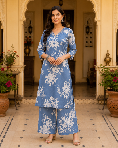 Pastel Blue Printed Cotton Kurta Set