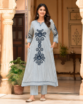 Blue Stripe Yarn Embroidered A-Line Kurta Set
