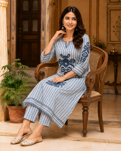 Yarn embroidered neckline detail on a blue and white striped A-line kurta