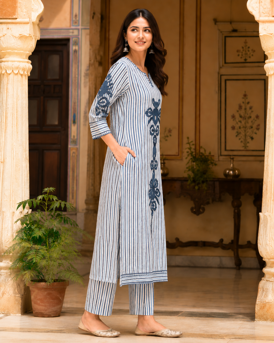 Side slit detail on a blue and white striped cotton A-line kurta
