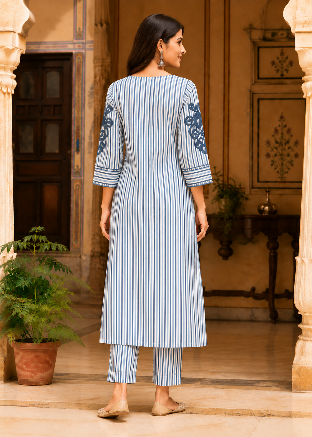 Blue and white stripe yarn embroidered kurta set for office and everyday wear