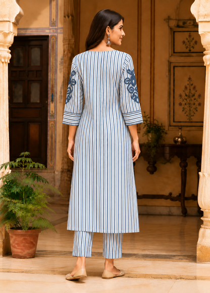 Blue and white stripe yarn embroidered kurta set for office and everyday wear