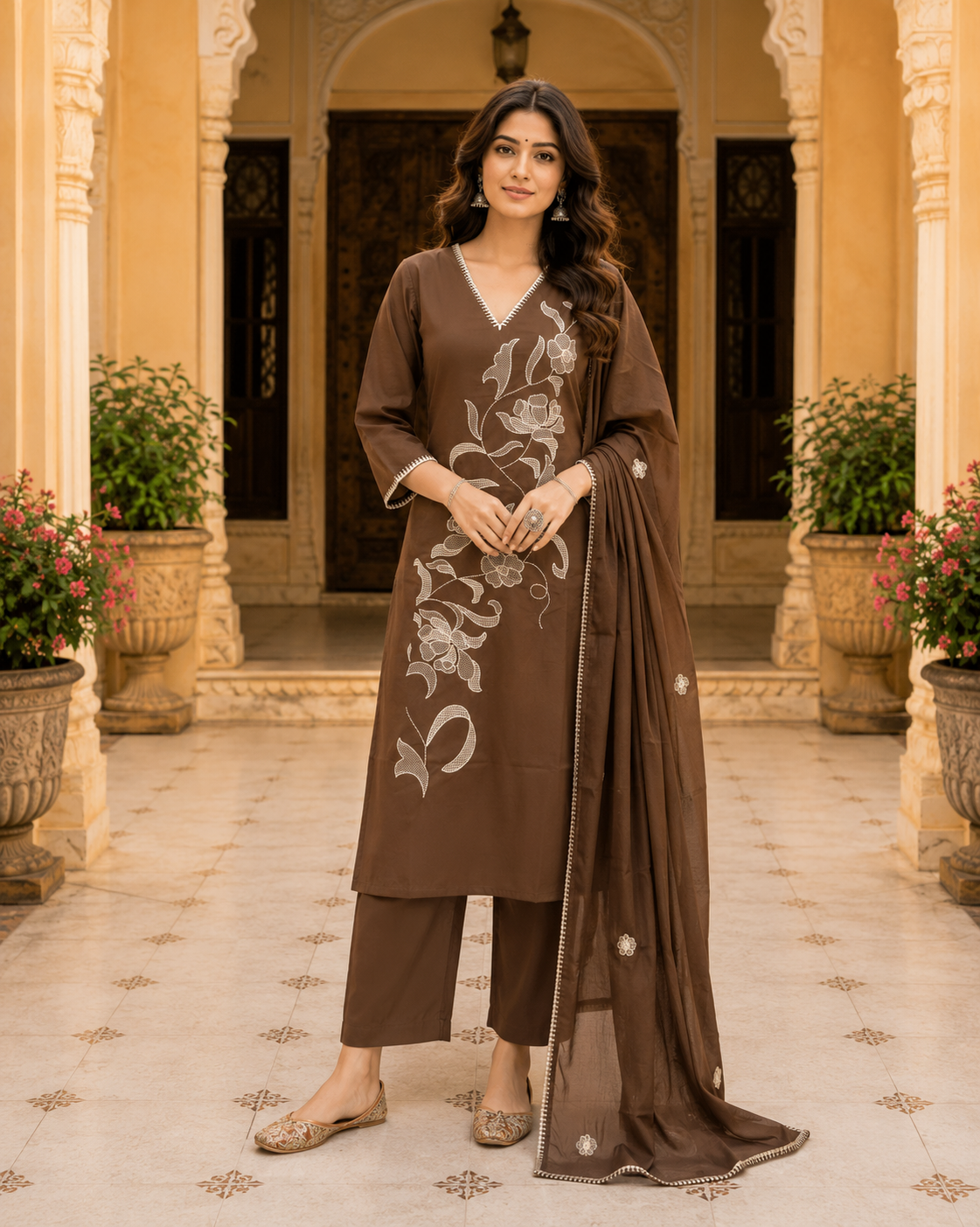 Brown Cotton Embroidered Kurta Set