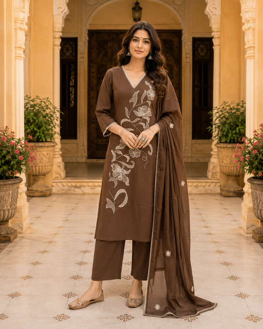Brown Cotton Embroidered Kurta Set