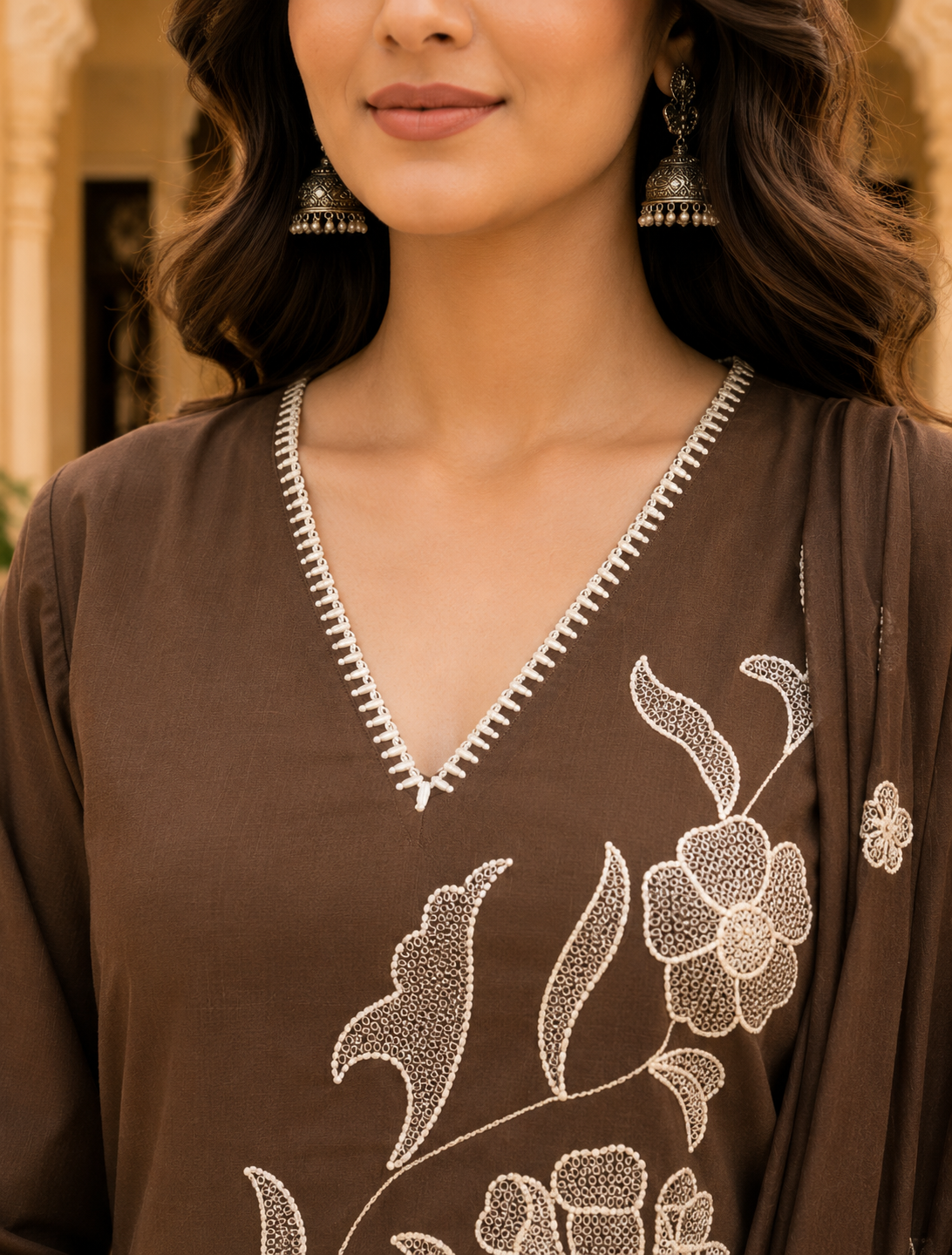 Brown Cotton Embroidered Kurta Set
