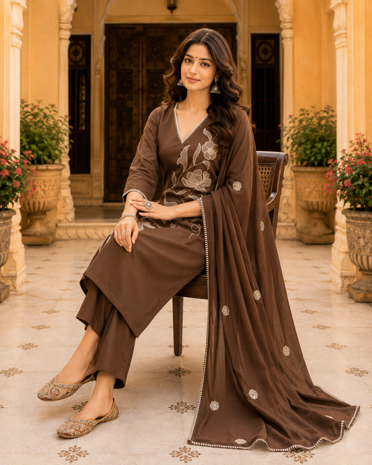 Brown Cotton Embroidered Kurta Set
