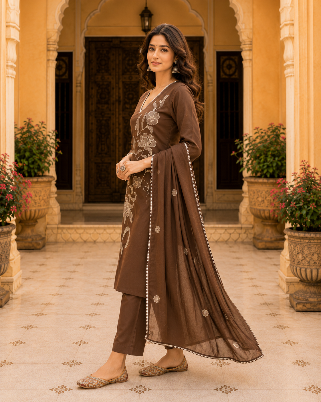 Brown Cotton Embroidered Kurta Set