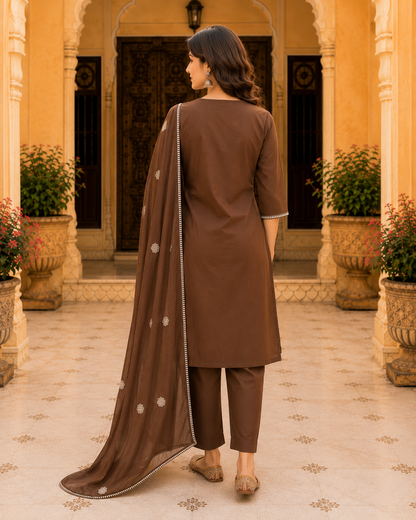 Brown Cotton Embroidered Kurta Set